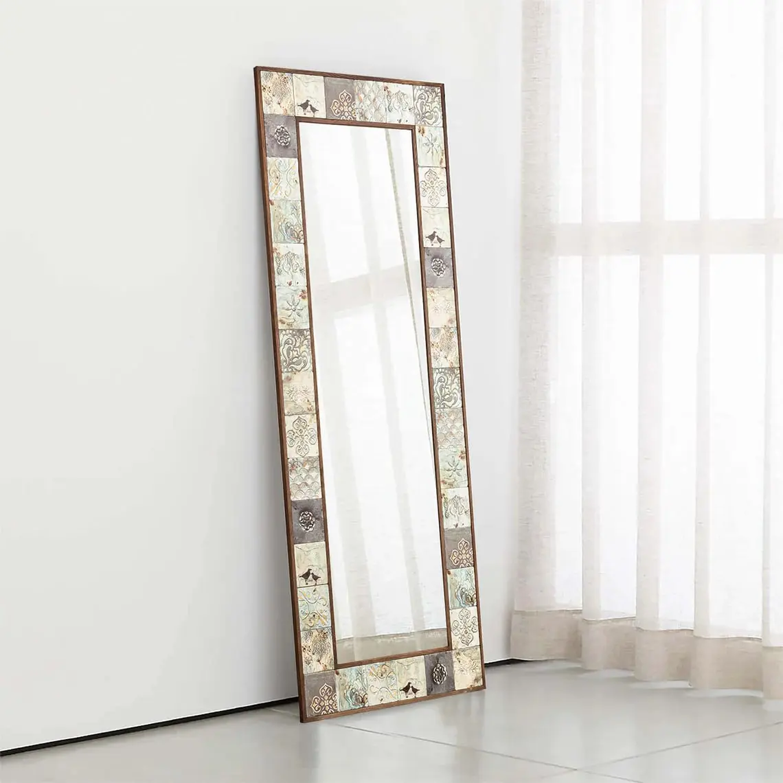 Handmade Ethnic Tile Ceramic Stone Large Pier Glass Mirror - Home Decor Wall Hanging Mirror - Bohemian Style Wall Decor Mirror Walnut Traditional