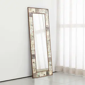 Handmade Ethnic Tile Ceramic Stone Large Pier Glass Mirror - Home Decor Wall Hanging Mirror - Bohemian Style Wall Decor Mirror Walnut Traditional