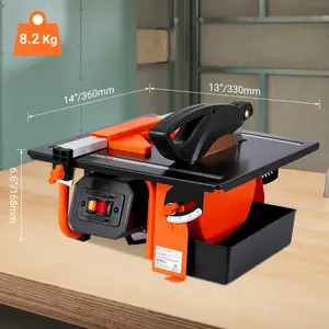 7-inch wet tile saw with a speed of 3450 revolutions per minute, capable of cutting tiles from 0 to 45 degrees on a sloping surface. Equipped with a water tank, this wet tile cutting machine is suitable for cutting tiles and stones, making it ideal for DI