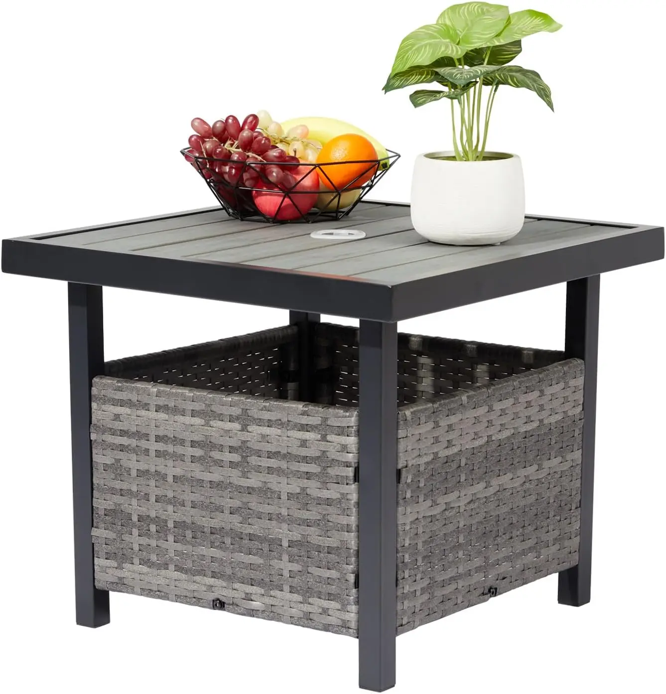 VINGLI Outdoor Side Table with Umbrella Hole Wicker Patio Umbrella Table, Wicker Side Table End Table for Balcony Porch Deck