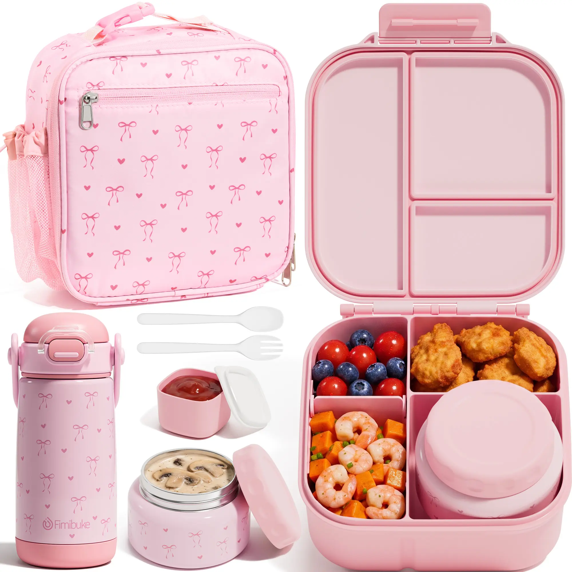 Fimibuke Bento Lunch Box w/ 8.5oz Thermo Food Jar, Leak Proof 3-4 Compartments 60oz Lunch Food Container with Utensils, Sauce Cup, Dishwasher Safe