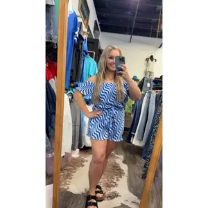 Plisse Off Shoulder Romper (Royal Blue)