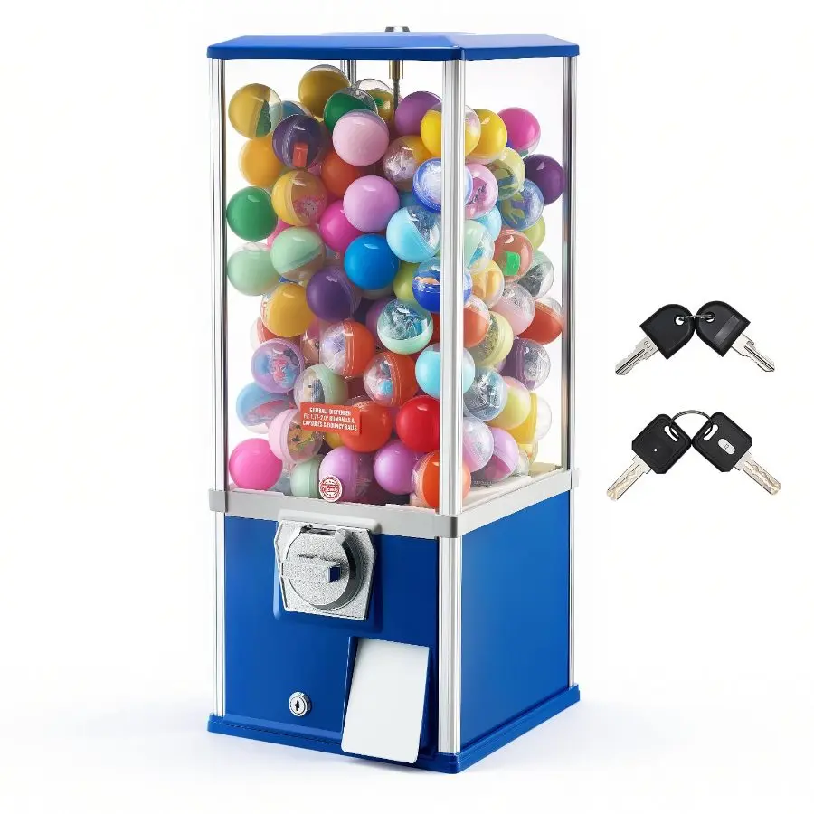 VEVOR Gumball Machine for Kids, 25 Height Home Vending Machine, PS Bouncy Balls Dispenser, Hold 230 Capsule Toys, Rectangle Bubble Gum Machine for Game Stores, Coin Operated Gumball Bank, Blue