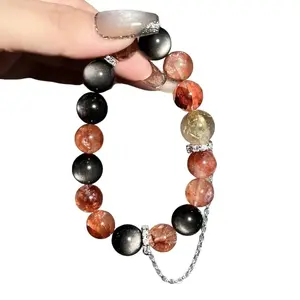Red Chlorite, Hematite & Golden Rutilated Quartz Energy Bracelet - Handmade Natural Stone Stretch Bracelet for Healing and Yoga