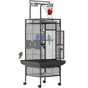 60 Inch Wrought Iron Large Bird Cage with Rolling Stand, Metal Parrot Cage with Play Top&4 Stainless Steel Bowls for Various parrots and birds,Black