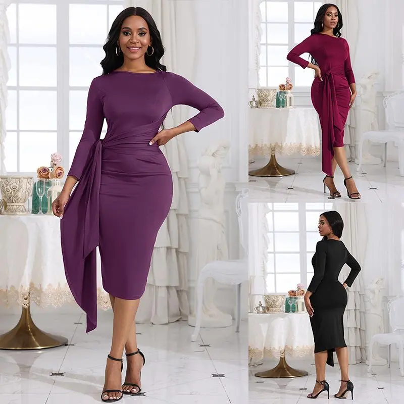 Elegant Office Temperament Slimming Hip Raise Dress with Long Sleeve Crew Neck in Black Wine Red Purple for Summer Commute