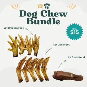 Dehydrated Dog Chew Bundle - 100% All-Natural Chews for Dogs / 5ct duck feet, 4ct chicken feet, 1 duck head