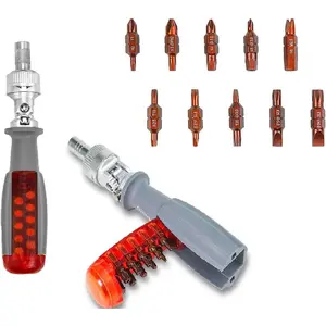 11-piece ratchet set, featuring an adjustable-angle, reversible ratchet screwdriver with built-in bit storage, including Phillips and slotted screwdriver bits.
