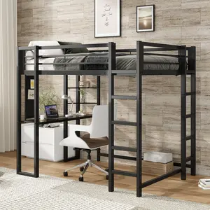Full Size Loft Bed with Desk and Storage, Metal Loft Bed Frame for Teens Boys Girls, Black High Sleeper Bed with Built-in Desk, Space-Saving Bedroom Furniture for Small Rooms, Durable Steel Frame, Bedroom Furniture for Bedroom, Guest Room