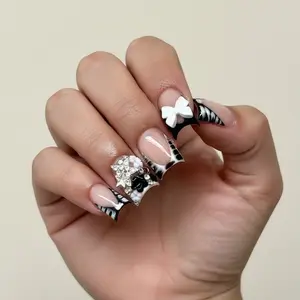 French Tip Press-On Nails | Short Square with Bow Charms, Zebra Print, Small Flowers & Silver Stars, 24 Pcs Stick-On Fake Nails for Women