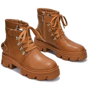 Cape Robbin Women's Fashion Combat Boots Size 8 Tan Faux Leather with Lug Sole Side Zipper for Travel Party Casual Outings Business Meetings