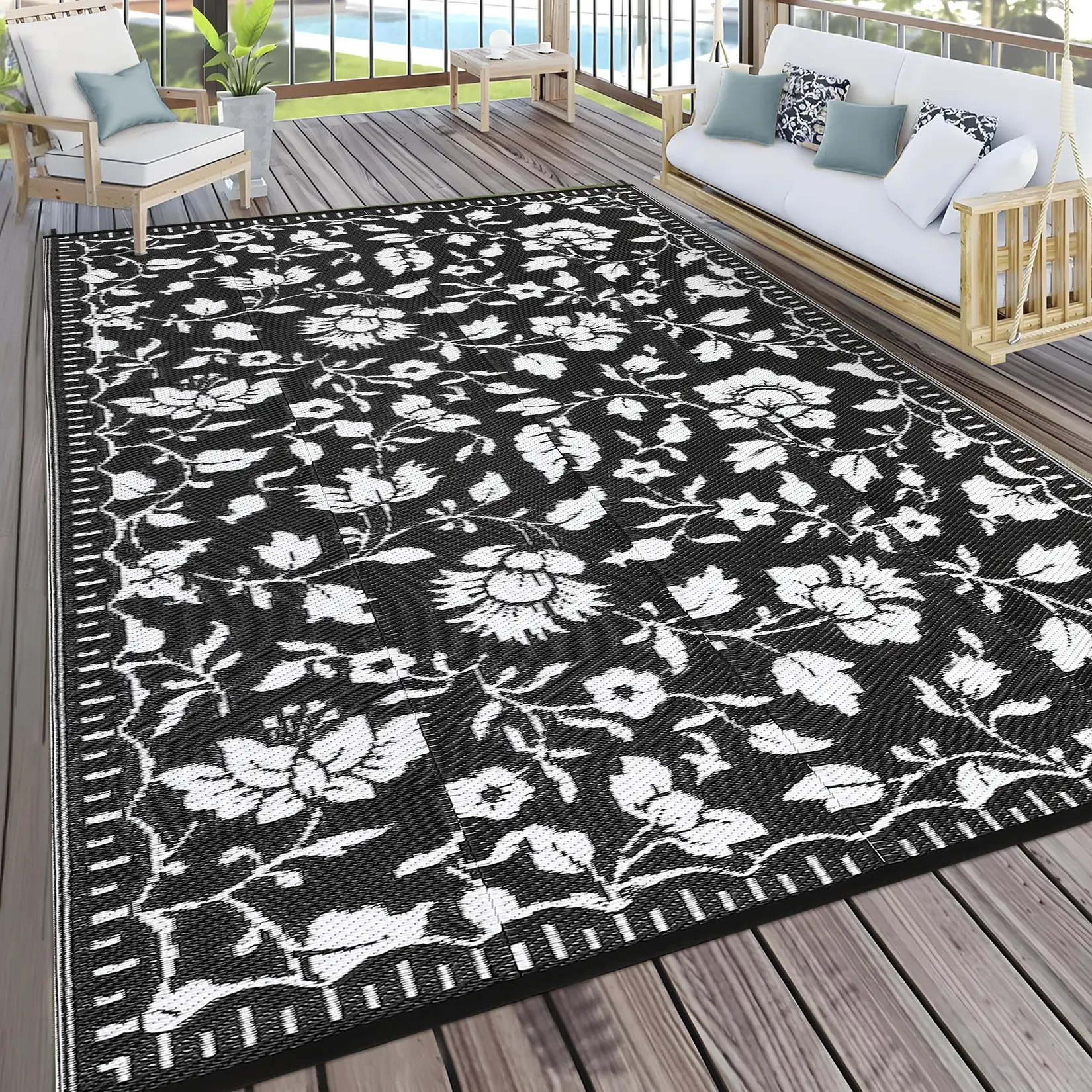 6x9ft Waterproof Reversible Vintage Black & White Floral Plastic Straw Outdoor Patio Rug - Lightweight, UV Resistant, Nonslip, All Weather Mat with Portable Bag - USA Spec for RV, Camping, Deck, Floral Rugs, All Weather Waterproof Nonslip Outdoor Mats