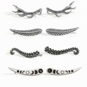 4-pair earrings set,Vintage Copper earring Set - Antler, Moon Phase, Octopus & Feather Ear Crawlers, Gothic Witchy Jewelry, earring for women，accessories for women，casual and fashionable jewelry, Alt Aesthetic Jewelry,  Gift for Her