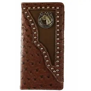 Men's Western Bifold Wallet Checkbook Style Horse Design Brown Leather