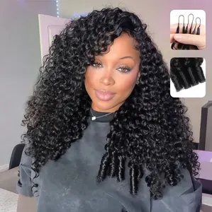 【Super value】After Black Crochet Hair Human Hair Pre Looped  Burmese Curly Crochet Real Human Hair Extensions Reusable Invisible Pre-Separated Knotless 100% Virgin Human Hair 50g/Pack, 4-5 Packs for Full Head Crochet Bundles Natural Black#Hairstyles