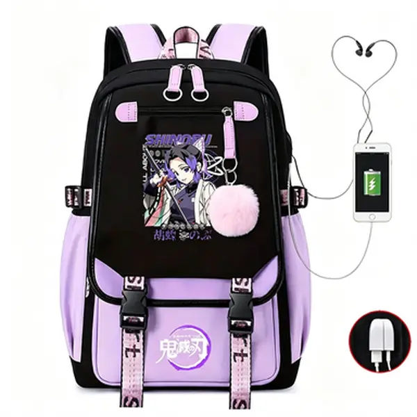 Demon Slayer anime Oshino printed backpack, stylish color-block daily backpack, with charging port, pom-pom decoration casual backpack, suitable for school and daily travel