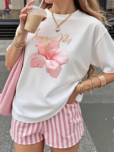 Discover Stylish Comfortable Cotton T-Shirt for Women Featuring a Round Neck Short Sleeves and Beautiful Pink Flower Print Perfect for Spring and Summer