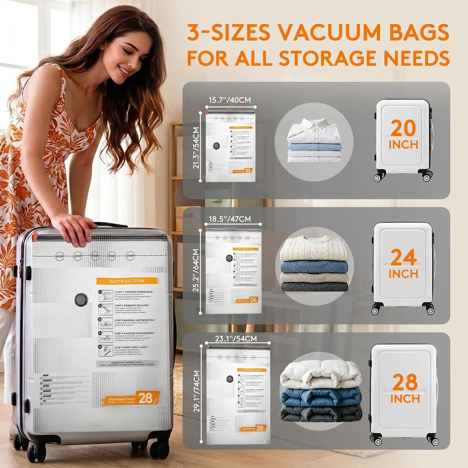10-Pack Vacuum Storage Bags with USB/Type-C Electric Pump, Travel Compression Bags, 3 Sizes for Clothes, Bedding & Closet Organization