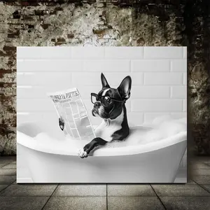 Humorous Boston Terrier Bubble Bath Reading Newspaper Frame Painting - Black and White Dog Decoration, Suitable for Bathroom, Living Room, Office - Ready to Hang Fun Dog Lover Gift, Dog Pattern Wall Decoration, Playful Home Decor, High-Quality Printing, 2