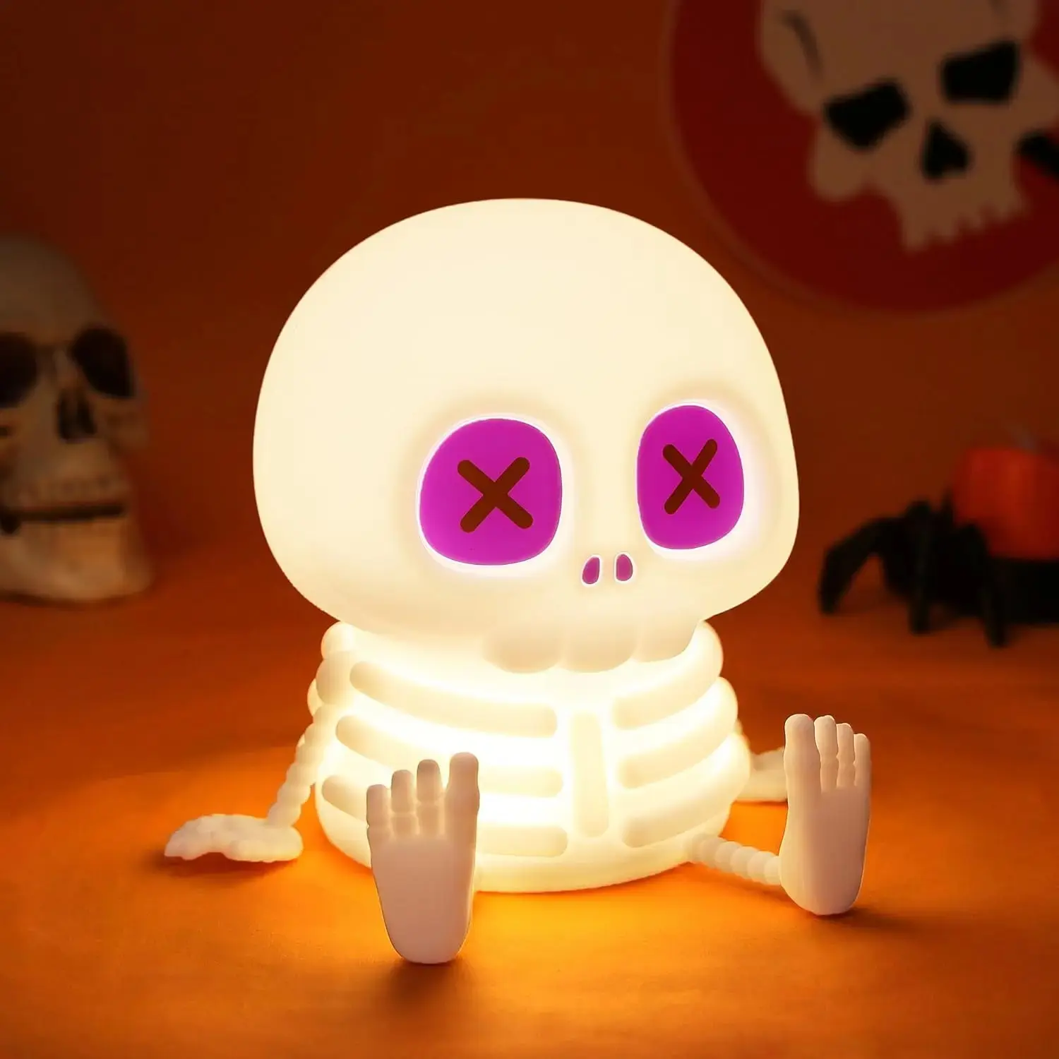 Halloween Skeleton Night Light, Silicone Skull Lamp with 2-Level Warm Light, Touch Control LED Bedside Lamp for Bedroom Desk, Spooky Room Decor, Summerween Party & Halloween Gift