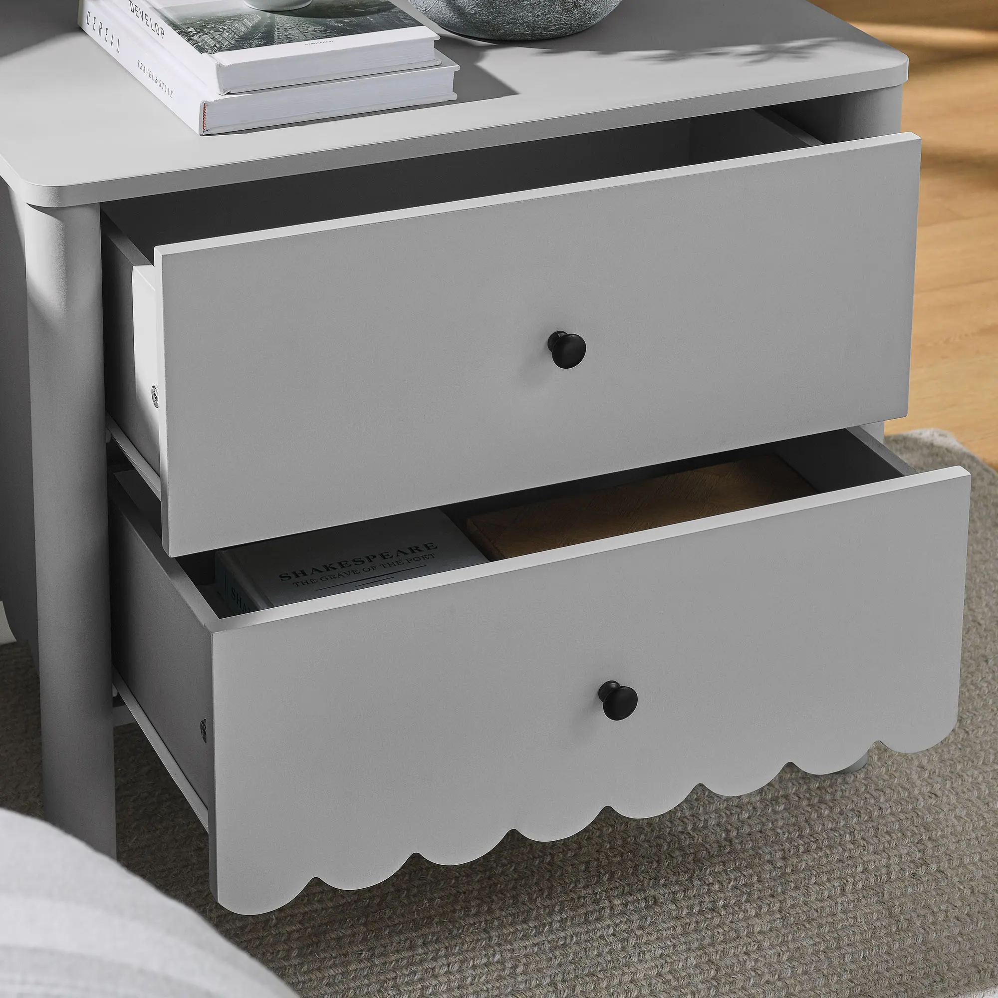 Emmeline Scalloped 2-Drawer Nightstand, Light Gray Indoor Furniture - Contemporary Design, Artistic Flair, Elegant Blend of Modern Simplicity & Polished Look