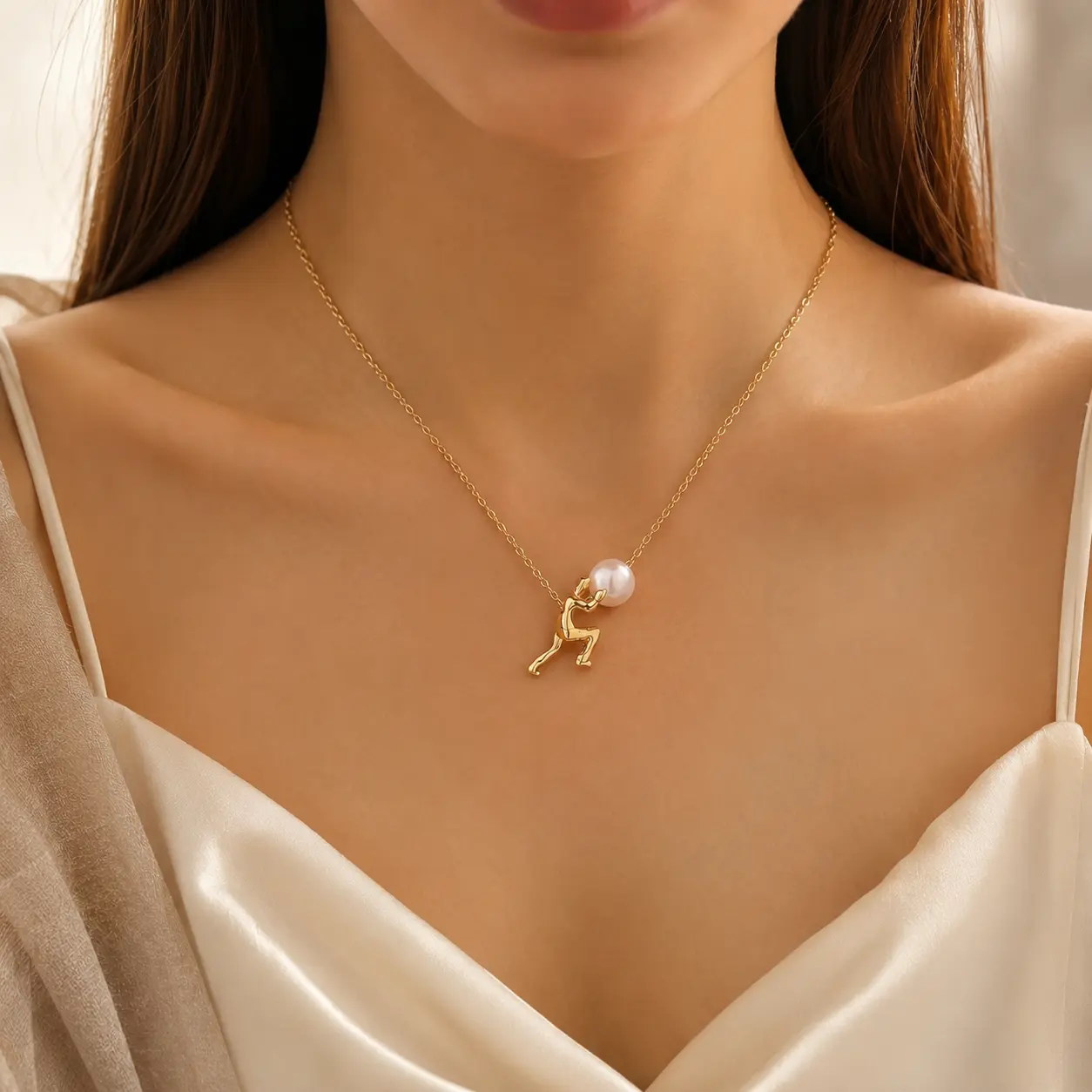 Women's Gold-Plated Minimalist Sisyphus Necklace, Movable Figure Motif Pendant, Genuine Pearl Accent, Adjustable 18.14+2.08in Chain, Unisex Dainty Costume Jewelry, Ideal for Gifting & Special Events safety