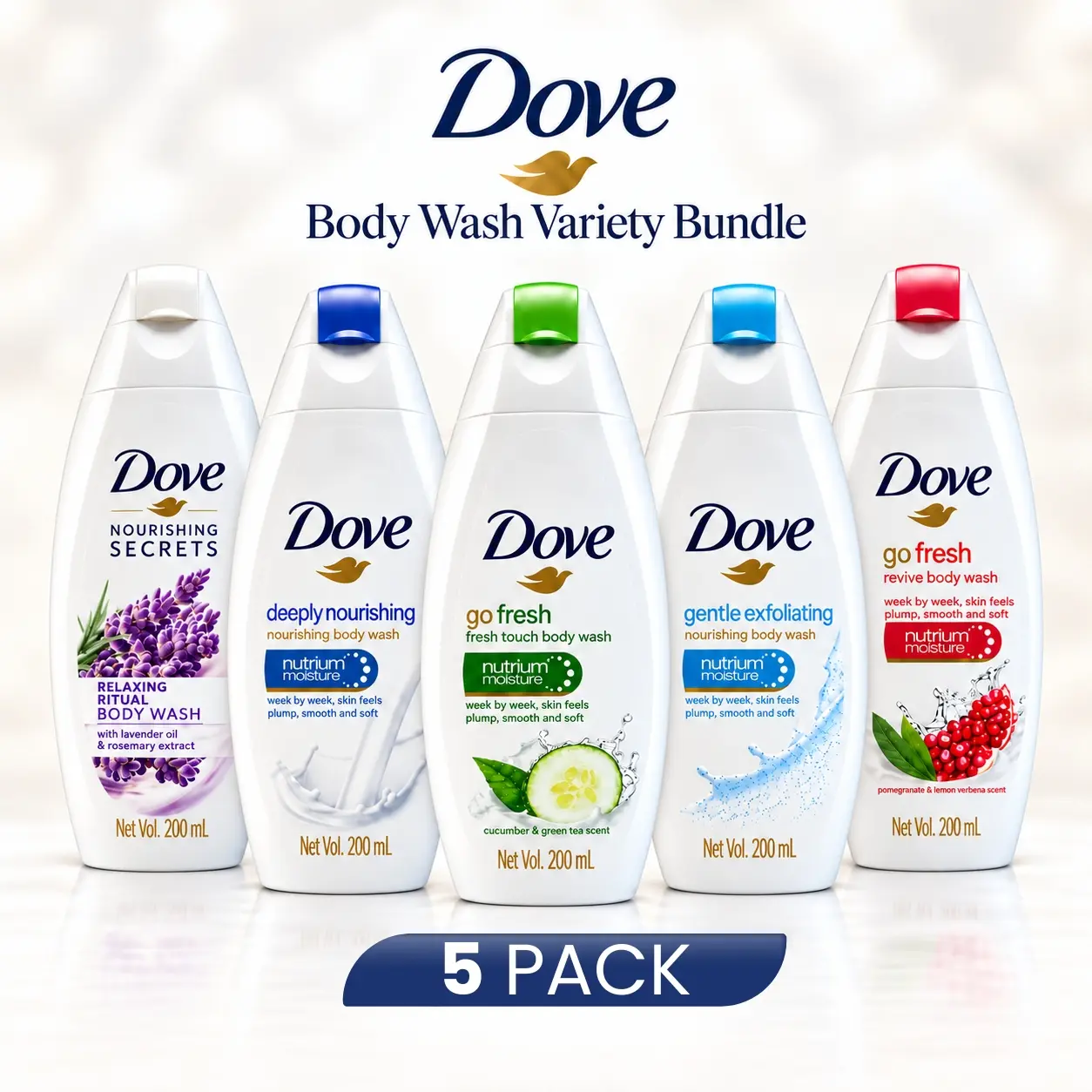 Dove Body Wash Variety Bundle - 5-Pack Random Assorted Mix, 200 mL Each (Beauty & Personal Care Bath & Shower Cleanser)