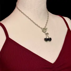 Black Cherry Necklace Vintage Cherry Pendant Choker Necklace for Women Unisex