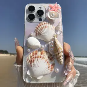 Shell & Conch & Starfish Pattern Phone Case, Handmade Phone Protective Cover, Phone Accessories Compatible with iPhone 16 15 14 13 12 Pro Max