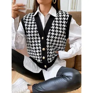 Women's Houndstooth Pattern Button V Neck Sweater Vest, Casual Sleeveless Knitwear Top for Spring & Fall, Fashion Women's Knit Clothing for Daily Wear