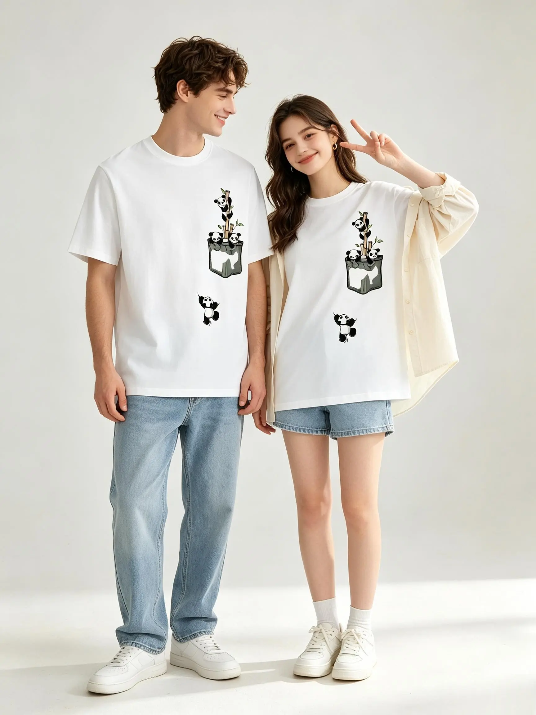 Women's Cropped T-Shirt with Panda Graphic, Fitted Short Sleeve Round Neck Soft Cotton Casual Summer Top, Shortsleeve, Tshirt, Style, Valentines Day, Cotton Fabric, Cap Sleeve, Cartoon, Crew Neck, Fitted Cut, Lightweight, Cute, Pocket, Thanksgiving Womens