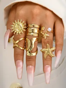 Vintage Coin Ring Set, Beautiful Rings, Stackable Rings, Multilayer Design, Floral & Geometric Patterns, Unique Textured Finish, Accessory for Women, Trendy Jewellery Accessories, Boho Style Rings, Dainty Stacking Rings, Statement Multi Ring