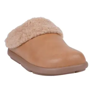 GC Shoes Women's Shari Cognac Flat - Soft Faux Leather Mule with Shearling-Style Collar & Cushioned Footbed for All-Day Comfort - Footwear