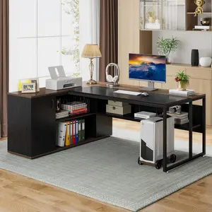 LITTLE TREE 71 inch Executive Desk, L Shaped Desk with Cabinet Storage, Executive Office Desk with Shelves, Business Furniture Workstation for Home Office