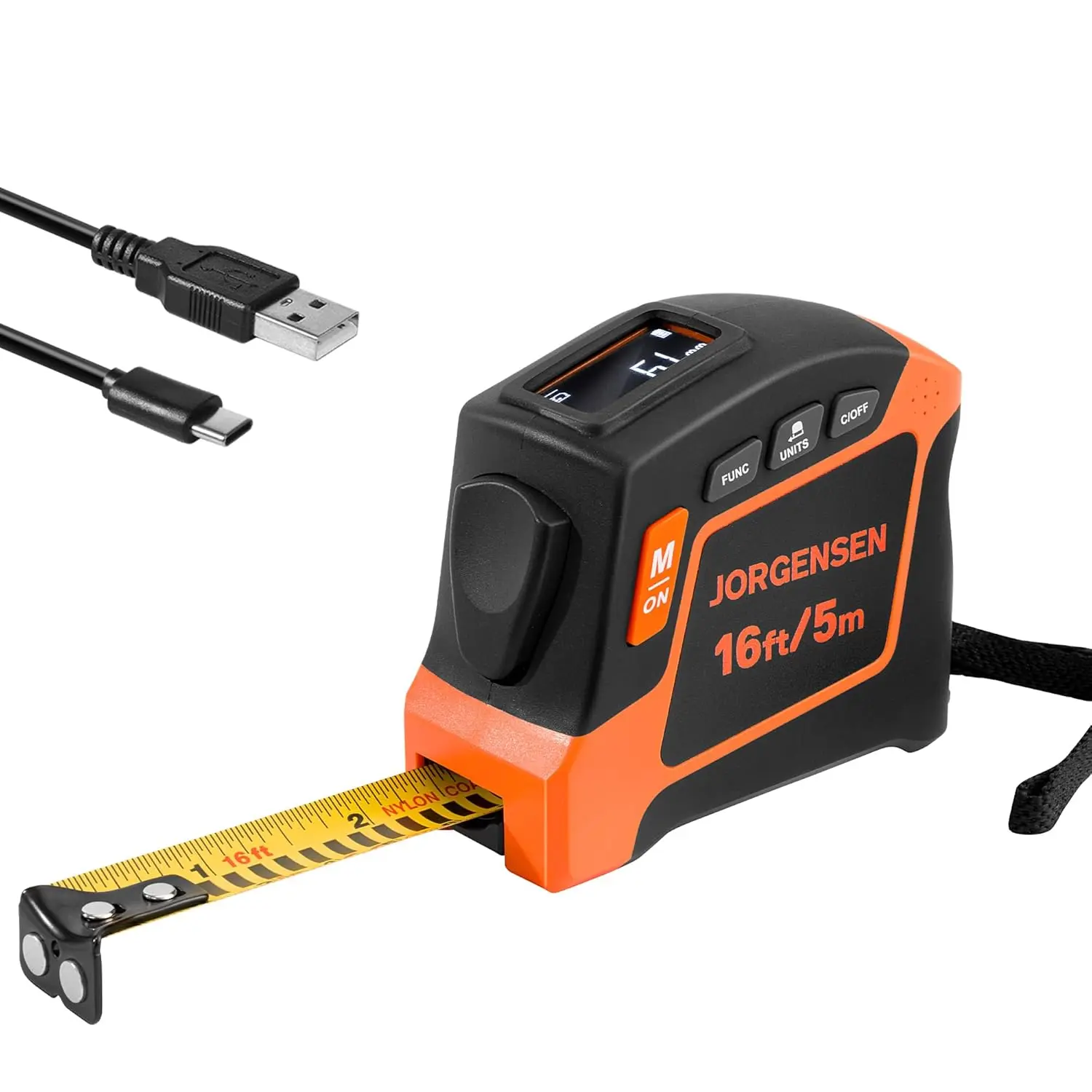 #summersale JORGENSEN Digital Tape Measure, 16Ft Rechargeable Digital Measuring Tape Ft/Ft+in/in/M/CM/MM Unit, Metric & Inches Tape Measurement Tool for Pythagorean, Area, Volume