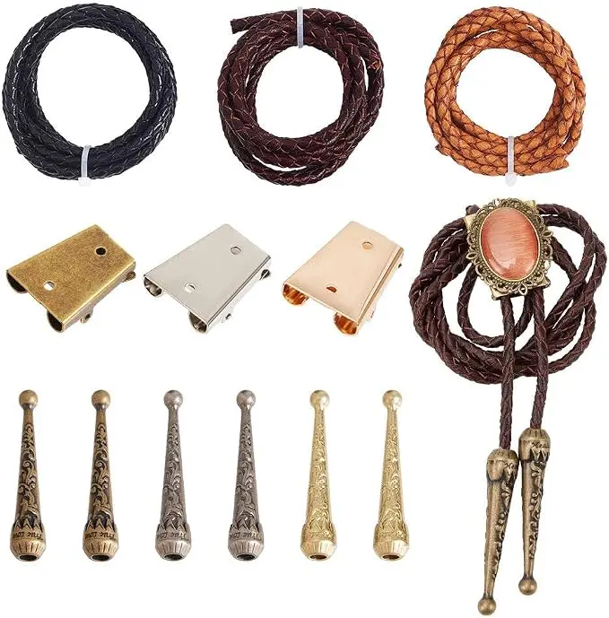 12pcs Bolo Tie Making Kit - Western Cowboy Accessories DIY Supplies with 6 Alloy Tips, 3 Iron Sliding Clasps, and 3 Braided Leather Cords, Bolo Tie Additions, Replacement Head Buckle Ornaments for Bolo Tie Making, Bolo Tie Supplies for Jewelry Making