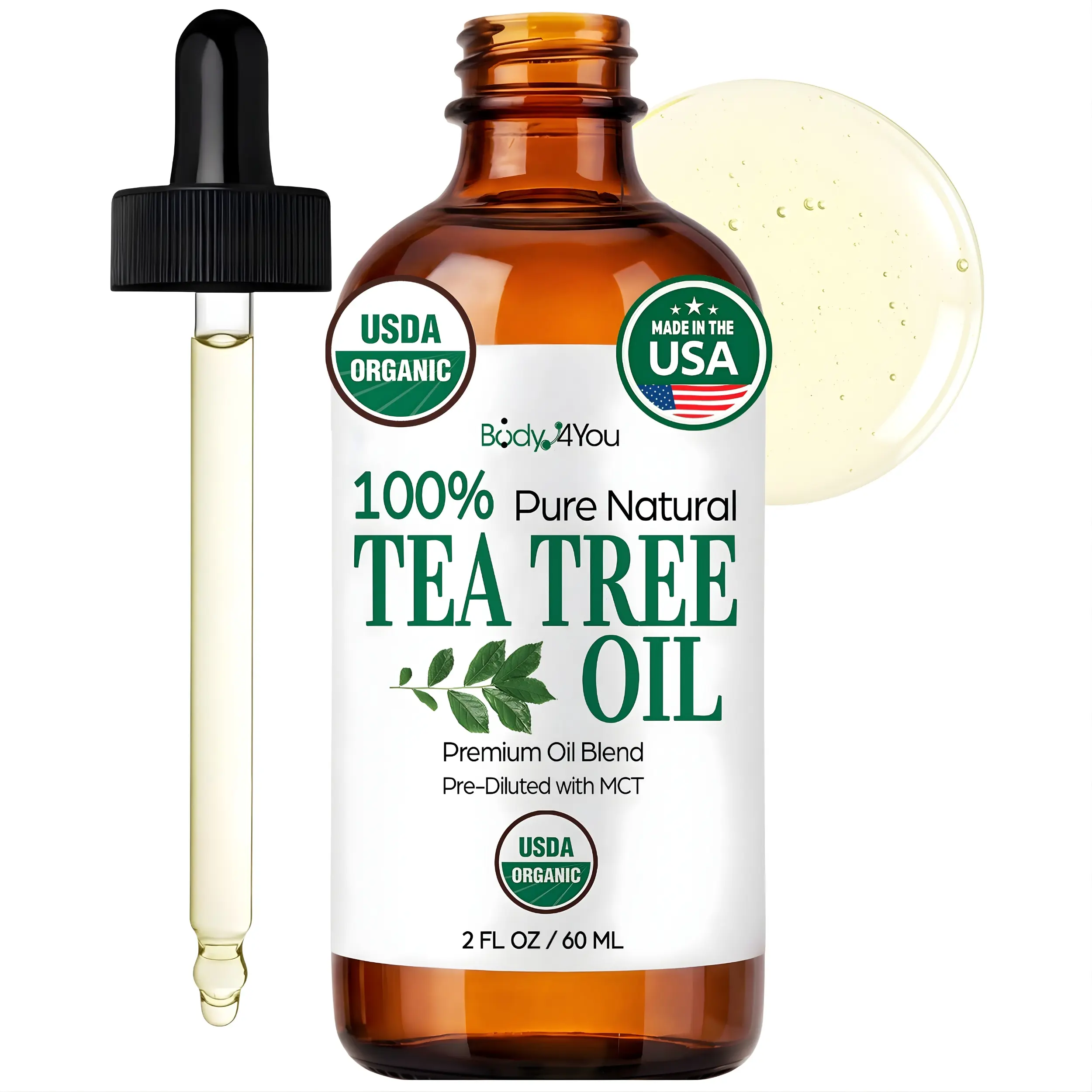 BodyJ4You Tea Tree Oil for Skin Hair - USDA Organic Essential Oils Pre-Diluted MCT - Melaleuca Face Scalp Nails Feet Toenail Cuticle - Pure Natural Topical Ready Use Vegan Hexane Free - Amber Glass