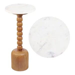 Turner 24.5" Designer Cottage Spindle Wood Column Drink Table and Decorative End Table with White Marble Round Top