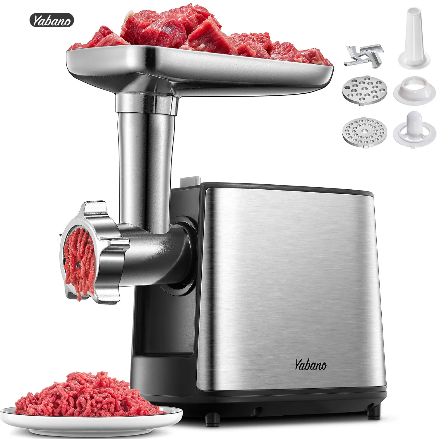 Yabano Electric Meat Grinder, Heavy Duty Meat Mincer, Sausage Stuffer Maker, Food Grinder with Sausage & Kubbe Kit, 2 Grinder Plates, Stainless Steel