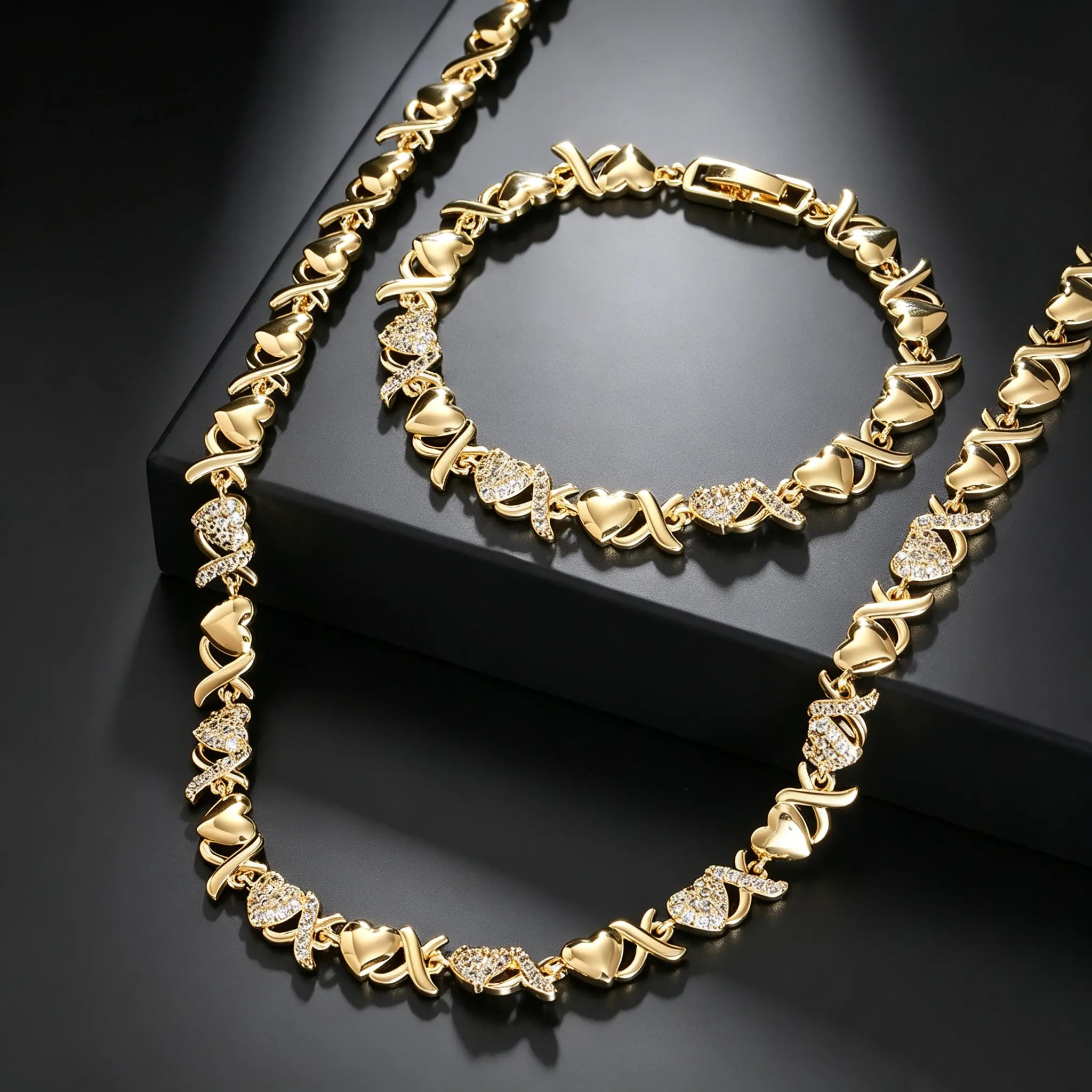 Queendo 2-piece heart-X shaped Cuban chain necklace and bracelet XOXO Set Exquisite Chain jewelry set perfect as an anniversary gift or delicate jewelry gift for both women and men