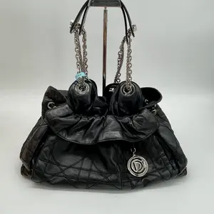 Pre-owned Dior Leather Shoulder Bags Le Trente Black Quilted w Silver Chain Drawstring