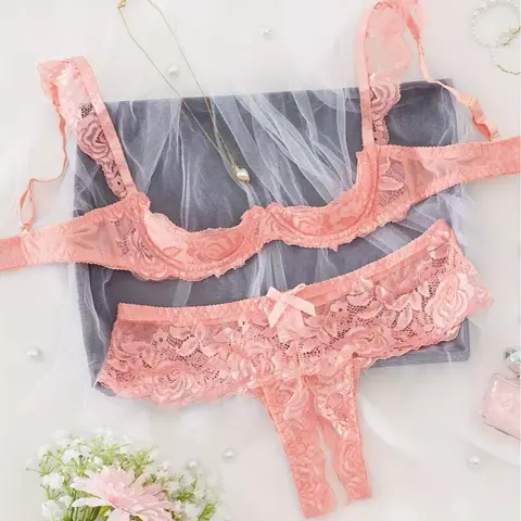 Women's 2-Piece Elegant Sexy Lady Comfortable Floral Lace Lingerie Set - Underwire Bandeau Bra, Scallop Trim Seamless Thong, Breathable Fabric, Emerald Green, Valentine's Day Gift, All-Season Daily Wear