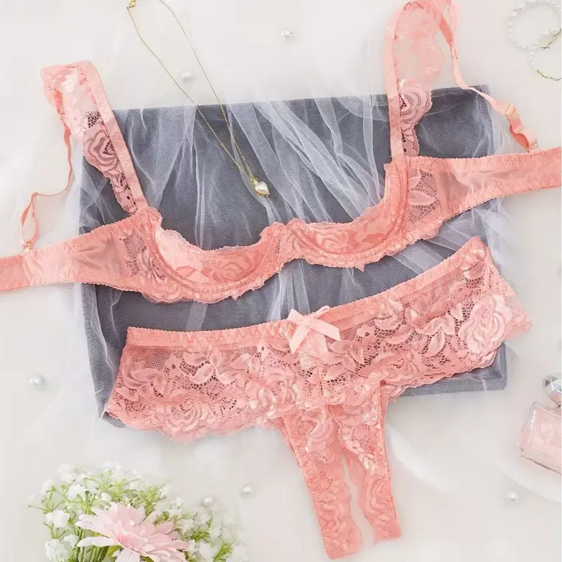 Women's 2-Piece Elegant Sexy Lady Comfortable Floral Lace Lingerie Set - Underwire Bandeau Bra, Scallop Trim Seamless Thong, Breathable Fabric, Emerald Green, Valentine's Day Gift, All-Season Daily Wear