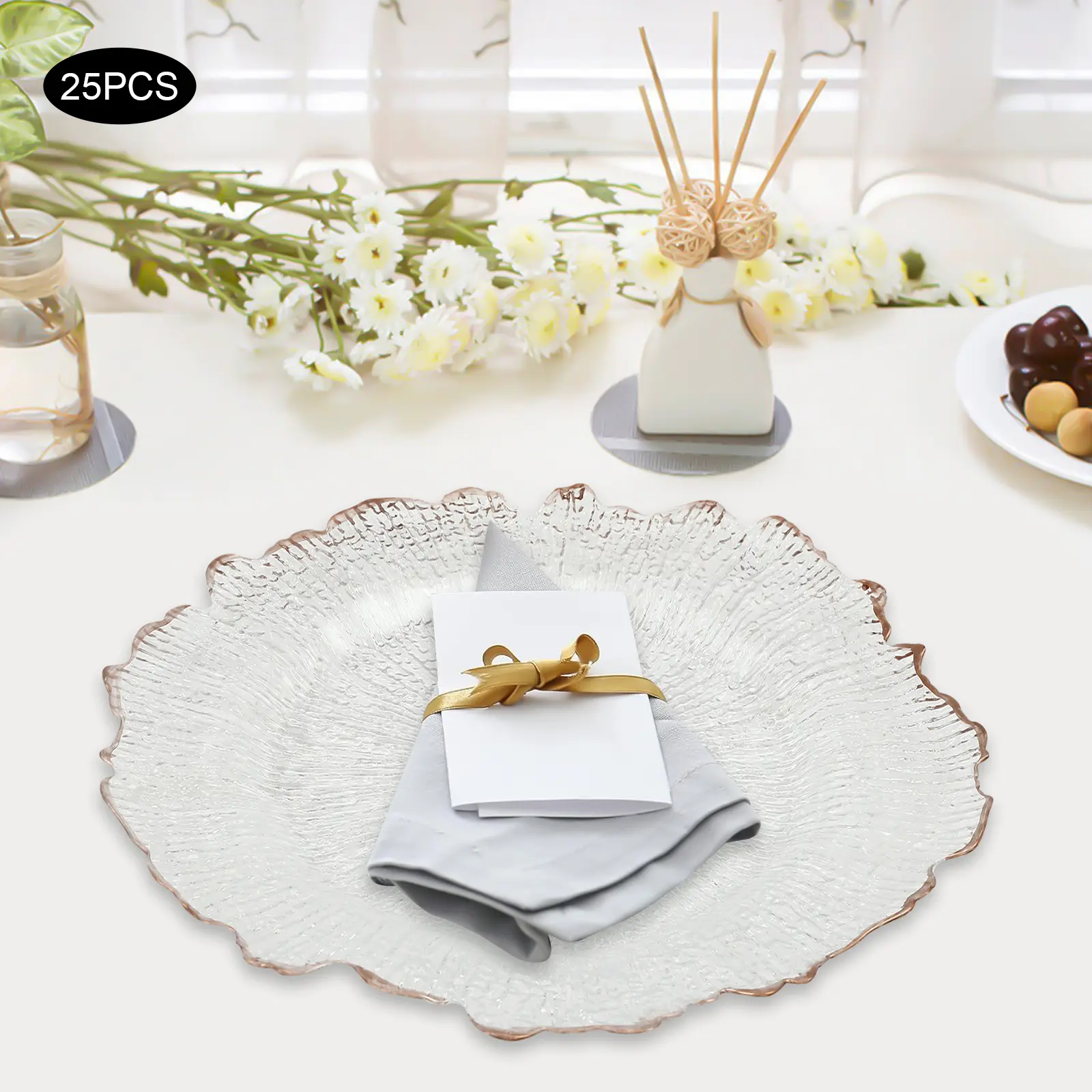 CNCEST 25-Piece Clear Dinner & Table Charger Plates with Rose Gold Flower Trim, Rounded Edge, Modern Stackable Design for Home & Party Use