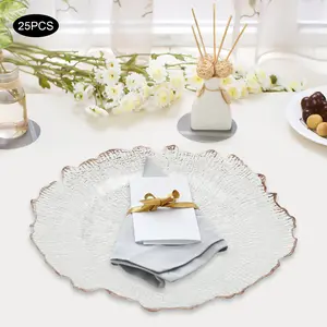 CNCEST 25-Piece Clear Dinner & Table Charger Plates with Rose Gold Flower Trim, Rounded Edge, Modern Stackable Design for Home & Party Use