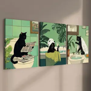 3 count wooden frame canvas, lazy black cat life daily poster, interesting animal decoration, exquisite mural, fashion home decoration, modern living room decoration, suitable for corridor wall art, Bathroom Wall Art, HD, waterproof, art