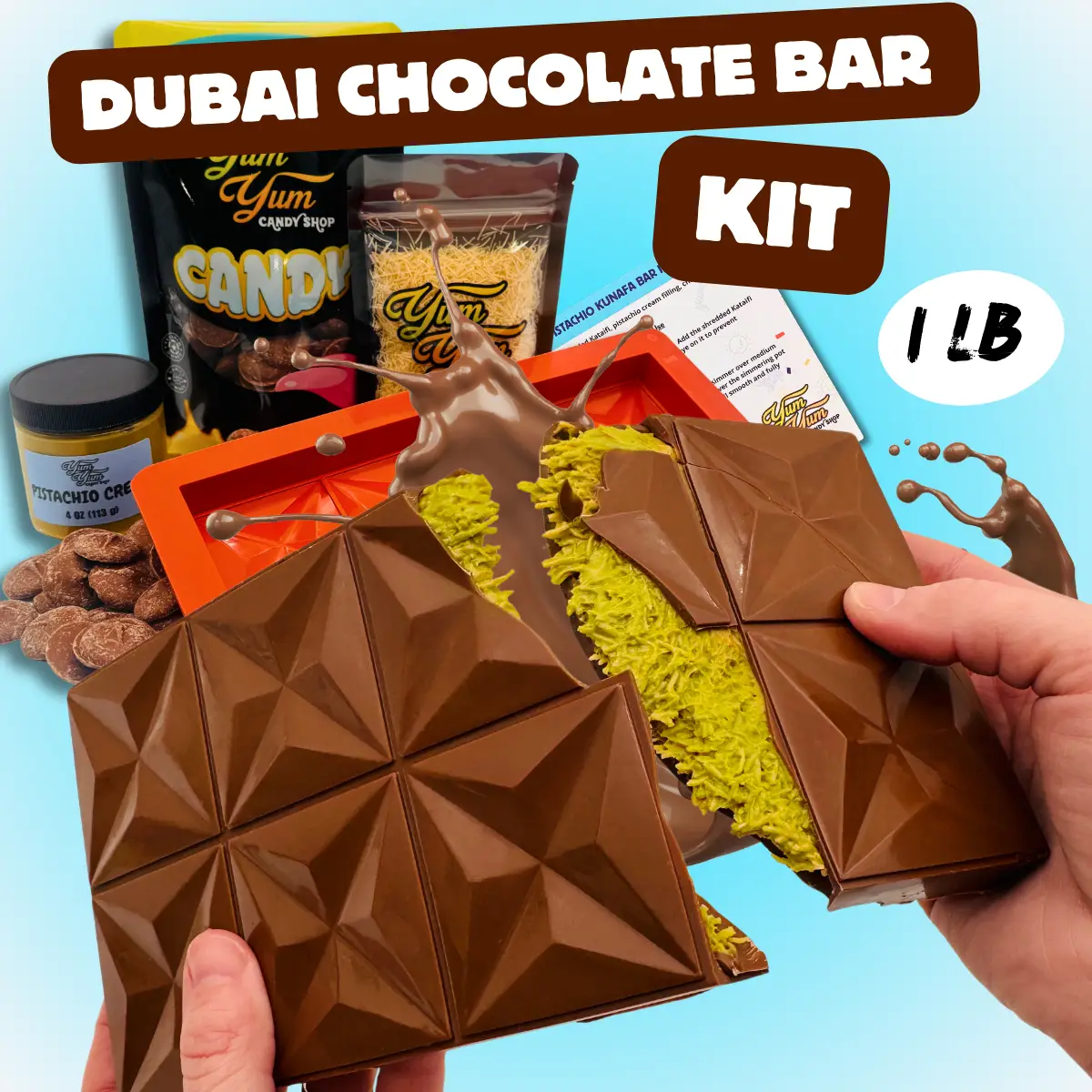 1 Pound Dubai Pistachio Chocolate Bar Kit DIY White, Dark, and Milk Chocolate Viral Candy Kunafa Bar Set Snack Dessert Bonbon Crispy Almond Butter Kna