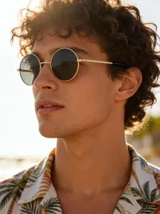 Men's Retro Round Frame Colorblock Pattern Sunglasses with Lenses, Lightweight Metallic Frame for Daily Commute and Travel Accessories