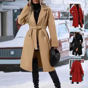 Lapel Double-breasted Trench Coat With Belt Winter Fashion Solid Color Long Jacket Outwear Women Clothing??gift?? Womenswear Asian