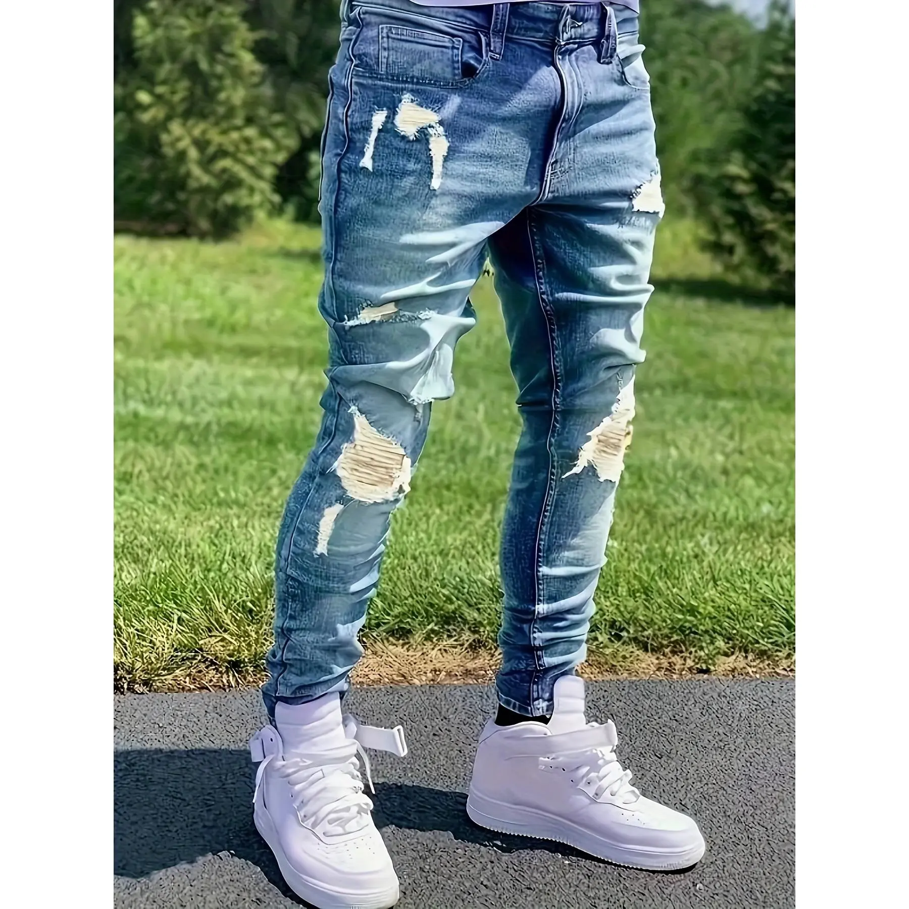 Men's Slim Ripped Stretch Denim Jeans, Menswear Casual Streetwear Pants, Stylish Men's Trousers, Fashion Apparel, Male Clothing